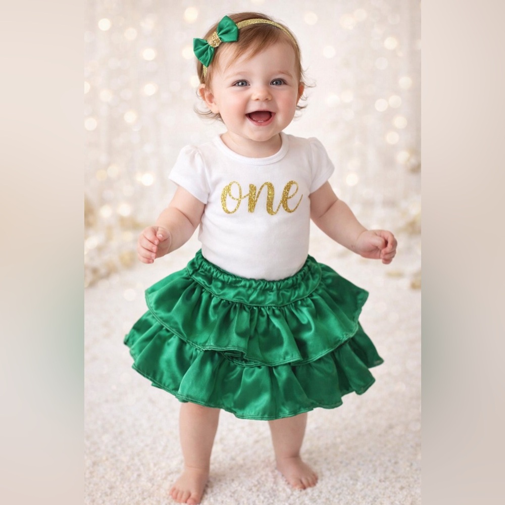 Green Satin Skirt & Hair Bow Set girls | Custom Made | NB–2T| saint Patrick